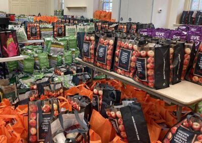 Grocery bags lined up on tables and the floor